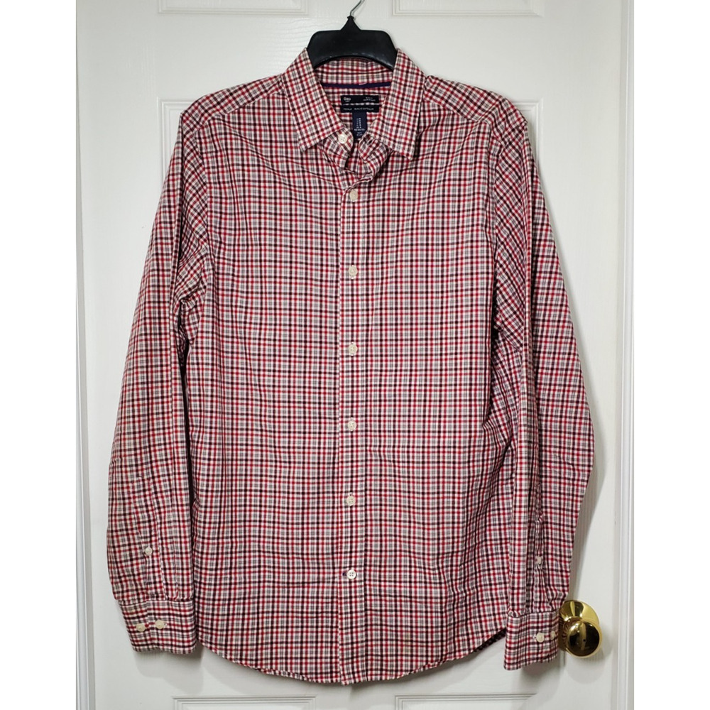 Gap Slim Fit Poplin Shirt Men’s MD Red Plaid Long Sleeve Button‑Down 100% Cotton